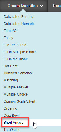 short answer test selection in blackboard