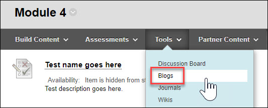 blackboard course "blog" selection in tools dropdown menu