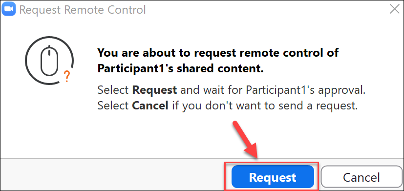 zoom request remote control window with arrow pointing to request button
