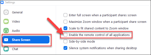 enable remote control option in screen sharing