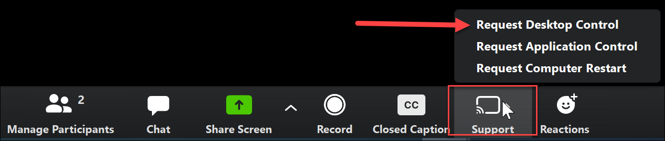 Support button in bottom toolbar expanded to show "Request Desktop Control" option