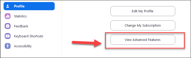 zoom app "view advanced features" button circled