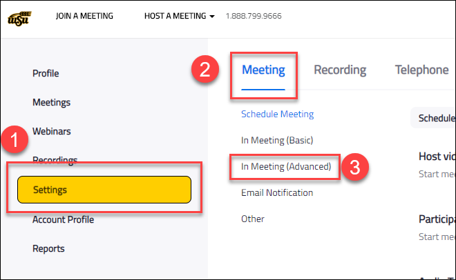 zoom account showing 1 - settings button, 2 - meetings button, and 3 - meetings (advanced) button