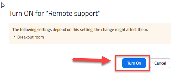 window advising features that will be disabled when remote support is enabled with "turn on" button circled