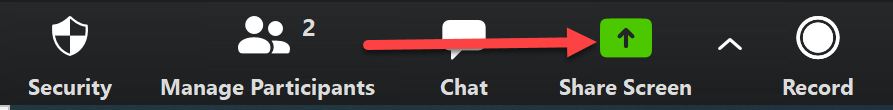 zoom bottom toolbar with arrow pointing to "Share screen"