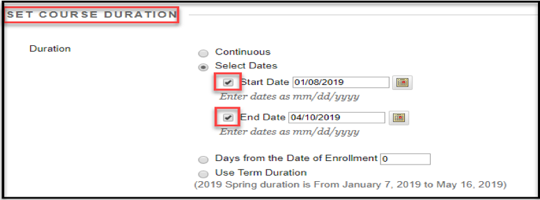 Set Course Duration example