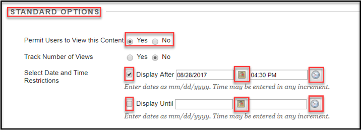 Standard Options menu example. 