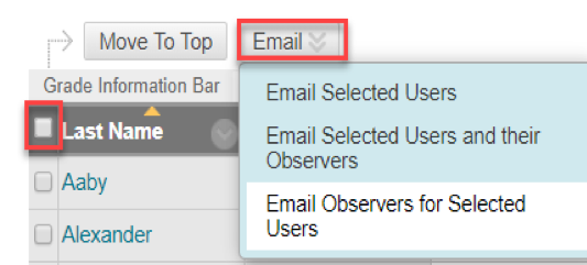 Email selection menu example. 