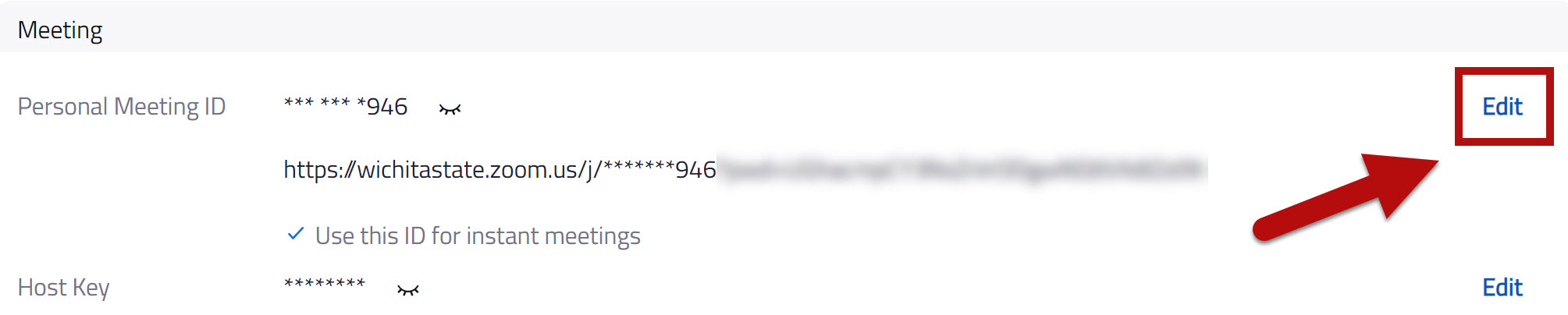 Red arrow points at, and red box outlines, the Edit button to the right of the Personal Meeting ID