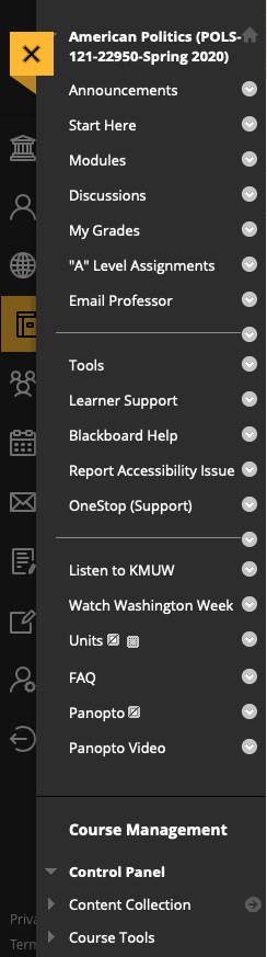 Image of an old Blackboard menu with several custom buttons showing