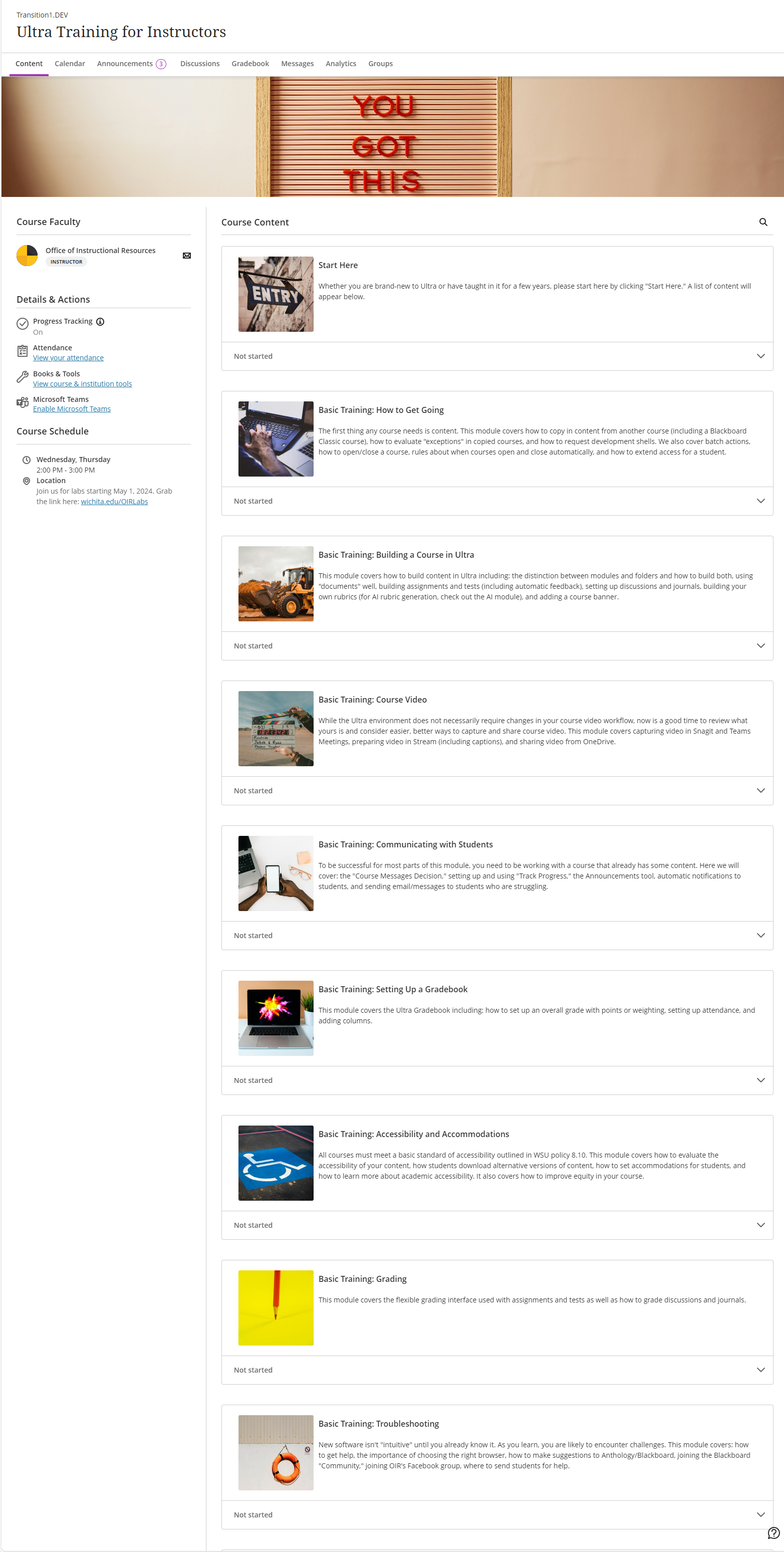 screenshot of the Ultra Training for Instructors course