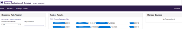 Screenshot: Watermark CES dashboard, showing widgets Response Rate Tracker, Project Results, and Manage Courses