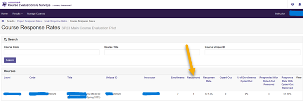 Screenshot: course response rates, with arrow pointing to "Responded."