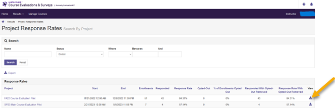 Screenshot: Project response rates page with arrow pointing to the download icon.