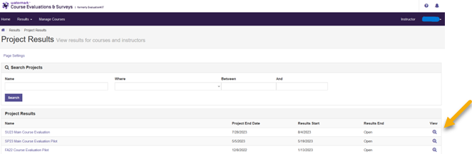 Screenshot: Project results page, with links to project names. An arrow is pointing to "View."
