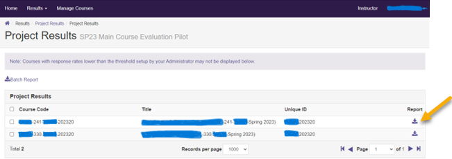 Screenshot: Project results for specific project, with links to courses. An arrow points to the "download report" icon.