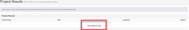 Screenshot: Project results for a project where no courses are found