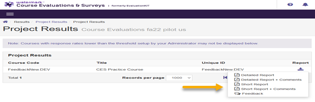 Screenshot: Project results page with arrow pointing to report options, including Detailed report, Detailed report + comments, Short Report, Short Report + comments, and Feedback