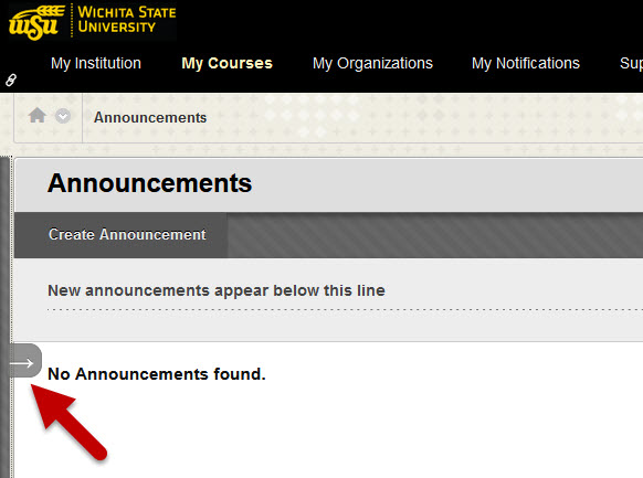 Red arrow points at the thick grey line indicating a collapsed menu in Blackboard