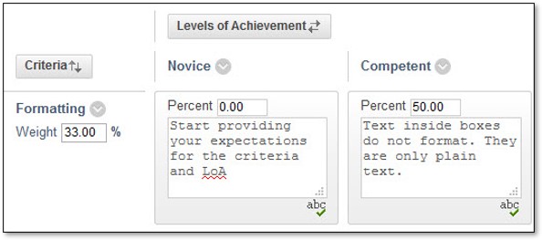 Click into the individual rubric cells to add expectations and information