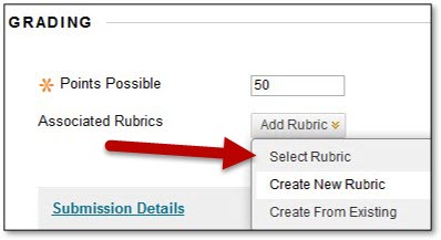 Red arrow points to the Select Rubric option in Blackboard