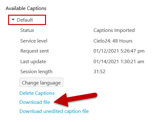 Red arrow points at the Download File link in a Panopto video's available captions section of the captions tab