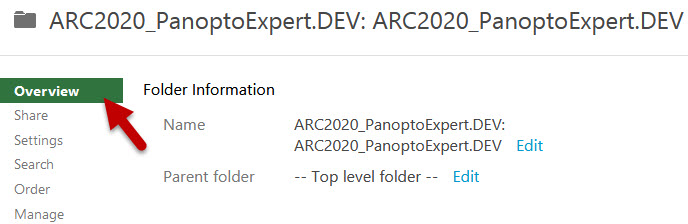 Panopto folder overview tab folder information