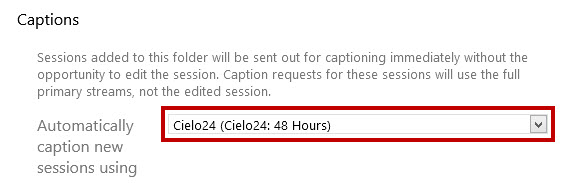 Red square surrounds the captioning dropdown menu in Panopto's folder settings' settings tab