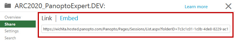 Red square surrounds the folder link for a Panopto folder listed at the top of the Share window