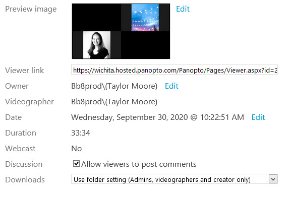 General overview of settings available in the Panopto video setting's overview tab