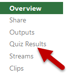 Arrow points to the Quiz Results tab in Panopto's video settings menu