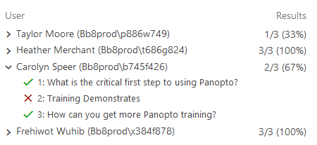 View the quiz results by user and individual question in Panopto quiz results area