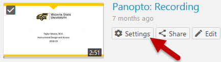 Red arrow points at the Settings option for the Panopto video