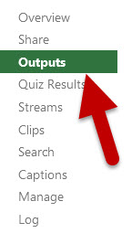 Red arrow points at the highlighted Outputs tab in Panopto's video settings window