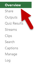 Red arrow points at the highlighted Overview tab in Panopto's video settings window