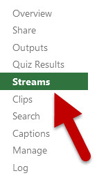 Red arrow points at the highlighted Streams tab in Panopto's video settings window