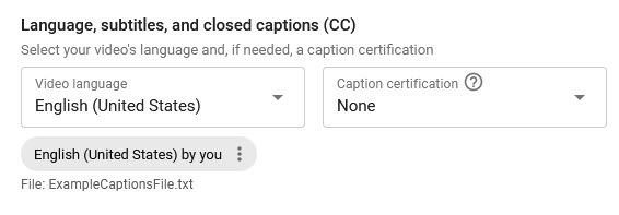 Image depicting that the captions file is attached and will be included in the video when finished uploading