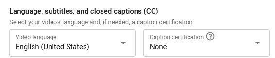 Image of the Language, Subtitles, and CC section of the YouTube video upload process