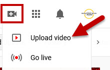 Image depicting the Create button in the upper right corner of the YouTube homepage, used to upload pre-existing video files.