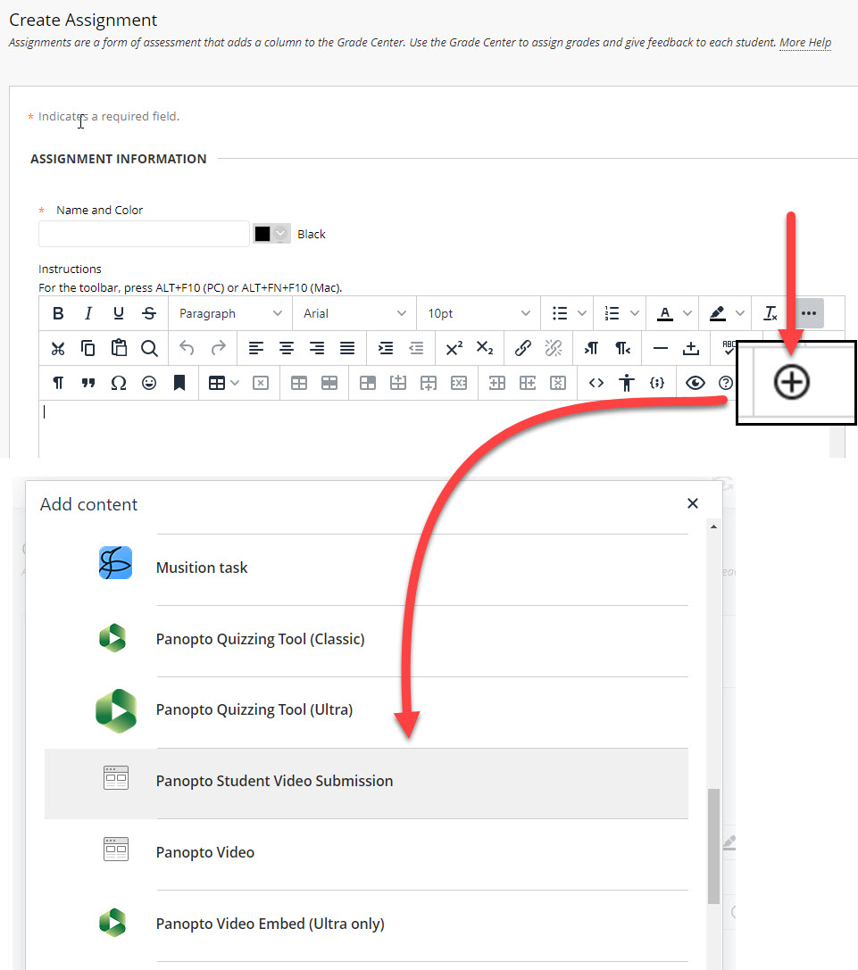 screenshot of assignment menu with arrow point to Student submission for Panopto
