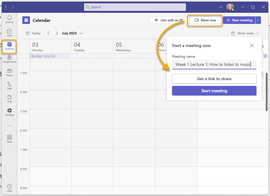 screenshot of Teams calendar with "Meet now" highlighted