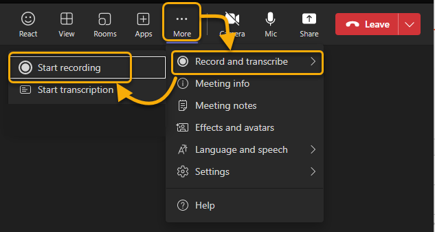Screenshot of Teams meeting with "start recording" highlighted