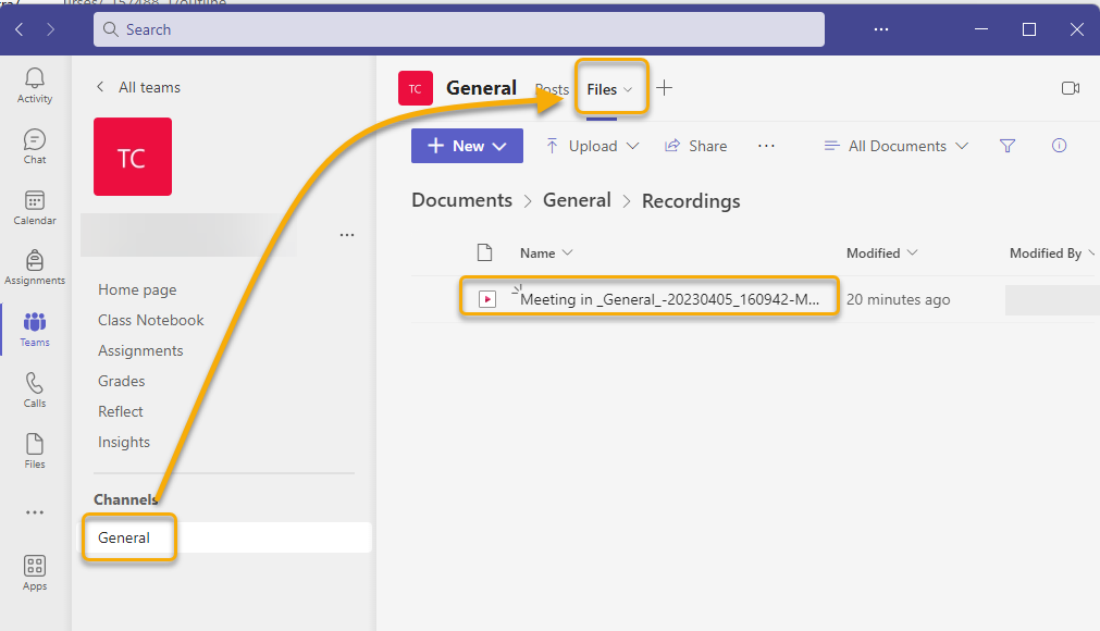 Screenshot of Class Team, General channel, Files tab, where the recorded meeting resides