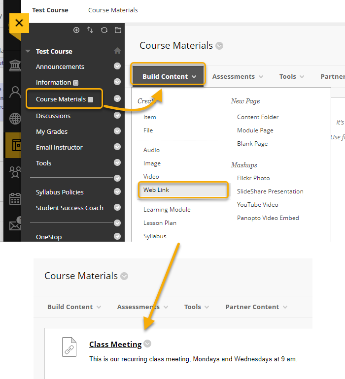 Screenshot: Steps for adding link to Blackboard original course. 1. select the menu where you would like the link, select "Build Content," and "Web link." 