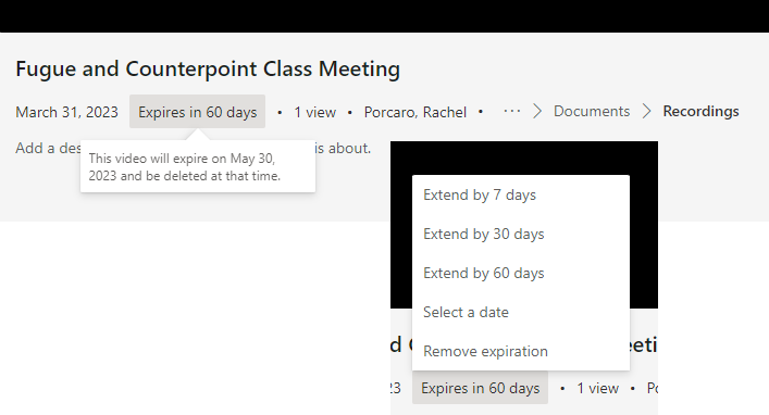 Screenshot: change recording expiration date in video settings in Microsoft Stream. Select "video will expire in 60 days," then choose option: extend by 7, 30, or 60 days, choose a date, or remove expiration