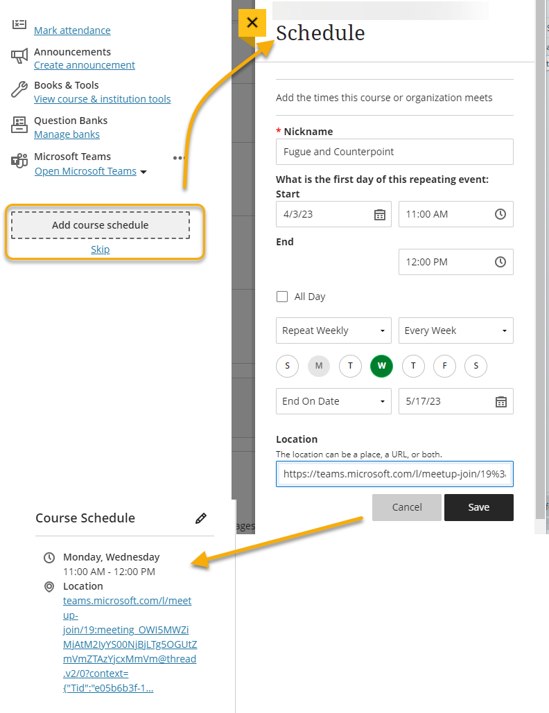 Screenshot: add meeting to course schedule in Blackboard ultra