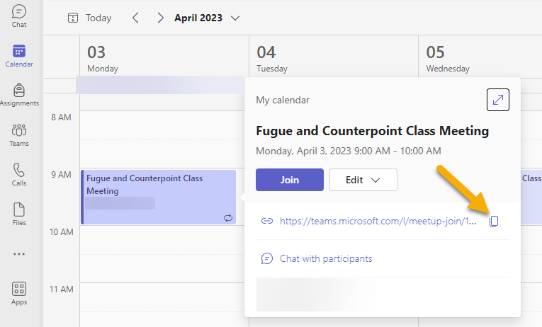 Screenshot: meeting link in Teams calendar