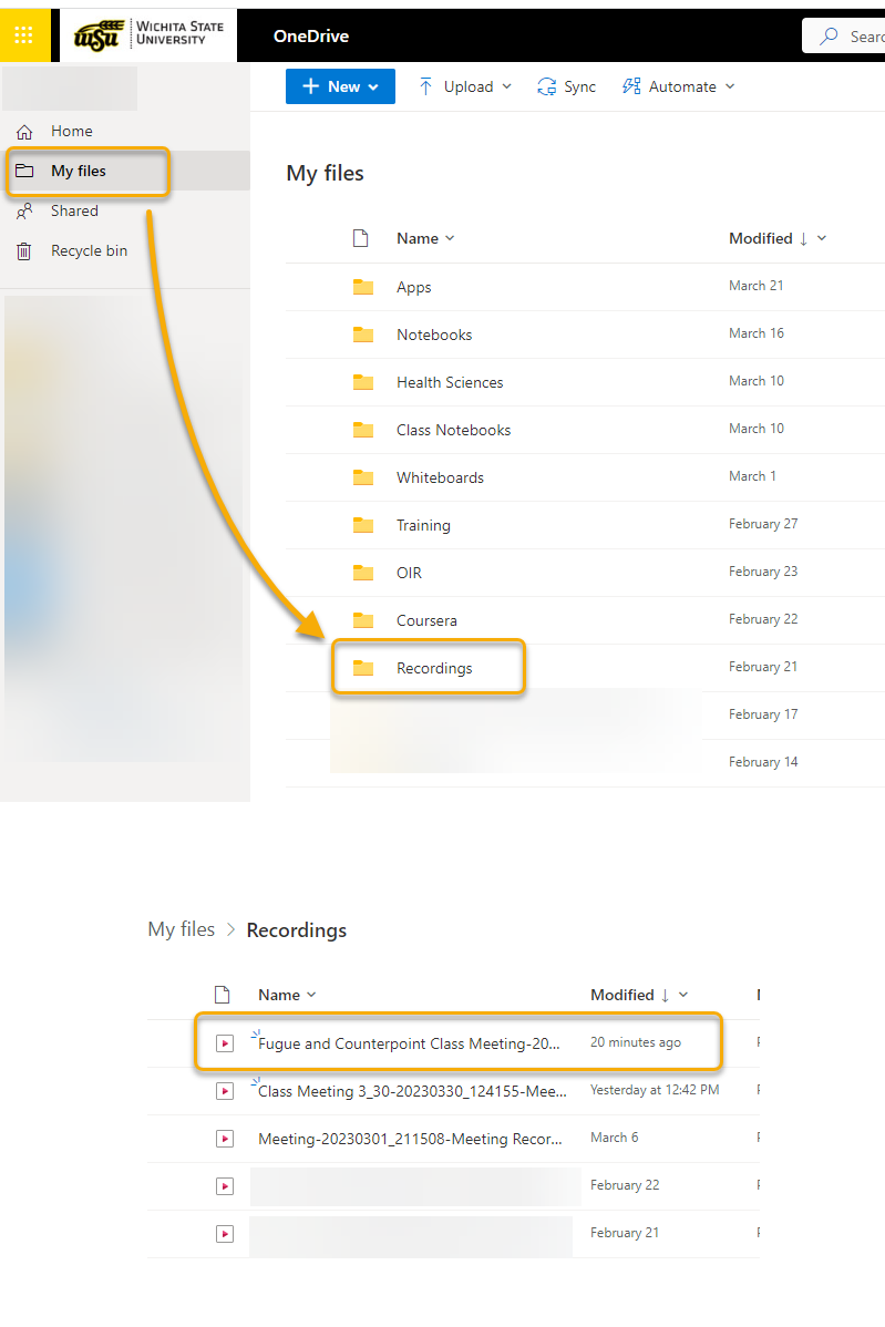 screenshot: location of meeting recordings in one drive > my files > recordings