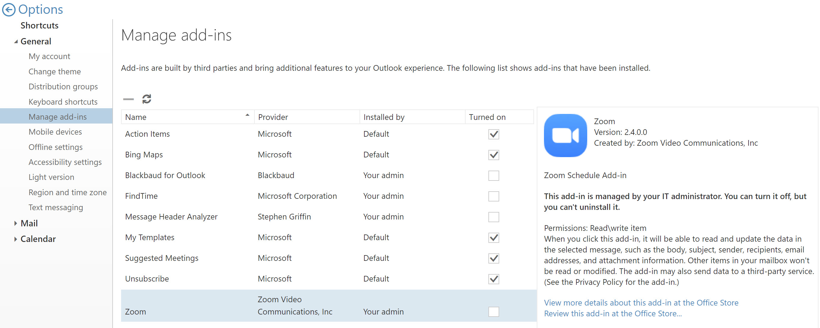 Zoom option in your manage add-ins in outlook may be unchecked