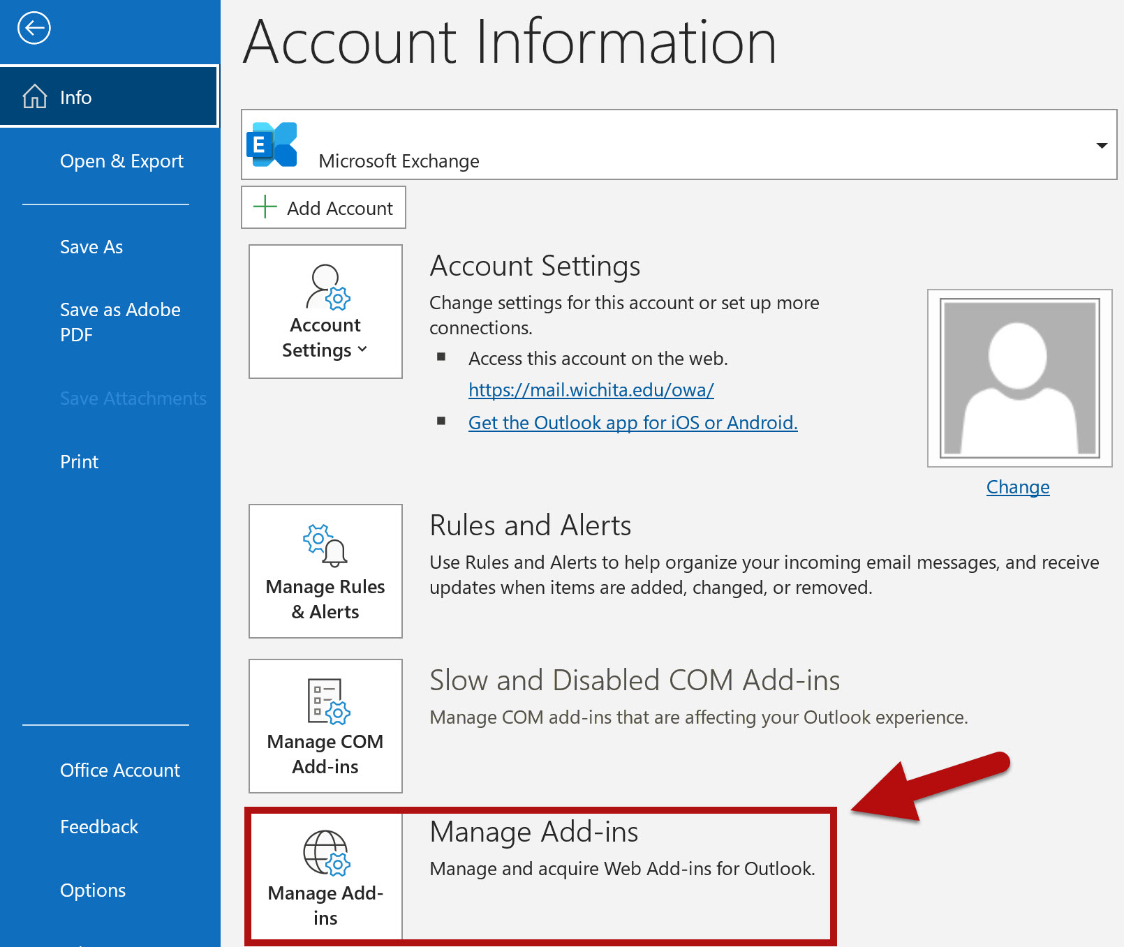 Use the File tab to access the Manage Add-ins options in Outlook